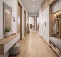 Interior of a family house with a wood-patterned floor, built-in wardrobe, and mirror.