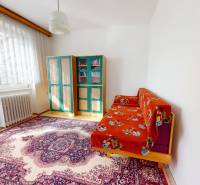 A room in a family house with an oriental carpet, a colorful sofa, and wooden furniture.