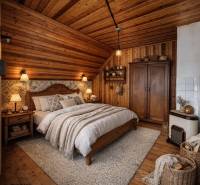 Bedroom in a family house with wooden decor, rustic furniture, and soft lighting.