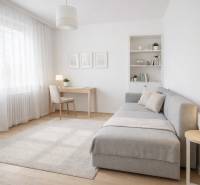 Bright living room with a sofa, desk, and shelves in a family house.