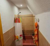 A house with a narrow bathroom, a colorful shower curtain, and a floor with a wooden decor.