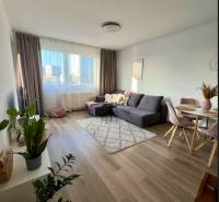Living room in a two-room apartment with a sofa, table, and wooden decor flooring.