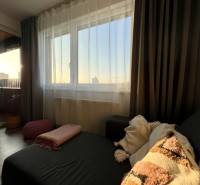 Living room of a two-room apartment with a sofa, cushions, and curtains.