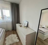 Bedroom in a 2-room apartment with wood-patterned flooring, a white dresser, and a mirror.