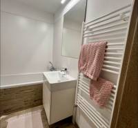 Bathroom with a bathtub and a sink, floor with wooden decor, 2-room apartment.