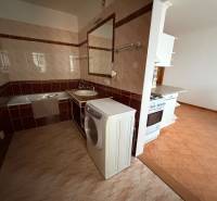 Bathroom in a 3-room apartment with a bathtub, washing machine, and connection to the kitchen.