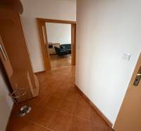 A hallway in a 3-room apartment with tiles and an entrance to the living room.