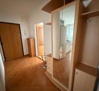 Hallway in a 3-room apartment with tiles, a coat rack, and a built-in wardrobe with a mirror.