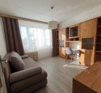 Living room in a 3-room apartment with a sofa, a desk, and a wooden decor floor.