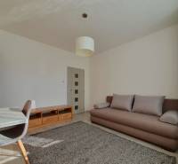 Living room in a three-room apartment with a sofa, carpet, and floor with a wooden decor.