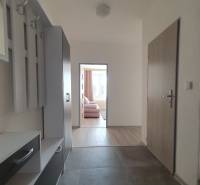 Hallway in a 3-room apartment, with a view of a room with a wood-patterned floor.