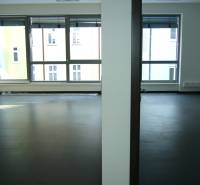 Offices with large windows and wooden decor flooring.