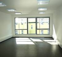 A bright office with a large window and a wooden decor floor.