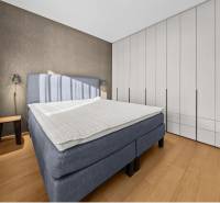 Bedroom in a 2-room apartment with a large bed, wardrobe, and wooden decor flooring.