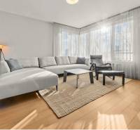 Living room with wood-patterned flooring, white sofa, and large windows in a two-room apartment.