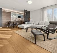 Living room in a two-room apartment with a wooden decor floor and a sofa.
