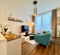 Living room of a two-room apartment with a wooden decor floor and a comfortable sofa.