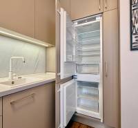 Kitchen in a 2-room apartment with a white sink and an open refrigerator.