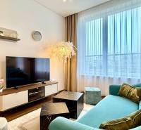 Living room in a two-room apartment with a wooden decor floor, a comfortable sofa, and a television.