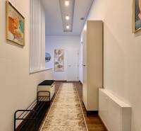 A hallway in a 2-room apartment with a wooden decor floor and artistic paintings.