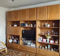 Wooden wall with display cabinets, television, and decorations in a family house.