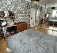 Bedroom with wood-patterned flooring, large wardrobe, and a workspace in a 2-room apartment.