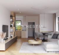 Living room in a family house with a sofa, table, and open kitchen.