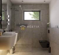A bathroom in a family house with a modern shower and sink, elegant gray tiles.