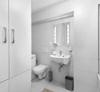 Bathroom with a shower and white furniture in a 2-room apartment.