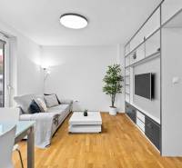 A living room in a two-room apartment with a wooden decor floor, a sofa, and a television.