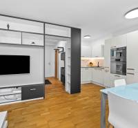 Living room with kitchen and dining area in a 2-room apartment, floor with wood decor.