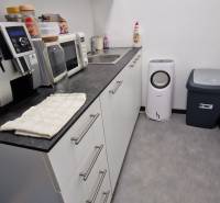 A kitchenette in the office with a microwave, sink, coffee maker, and trash bin.