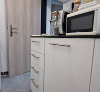 Offices with cabinets, a microwave, and kitchen appliances.