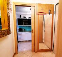 Hallway with ceramic tiles, a mirror, and an entrance to the kitchen in a 2-room apartment.