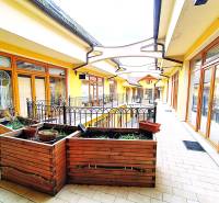 Shop windows on Potočná Street in Skalica with wooden decorations and railings.