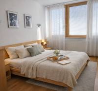 A bright bedroom with a bed, wood-patterned flooring, a plant, and paintings in a two-room apartment.