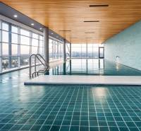 Indoor pool with large windows, city view, and wooden ceiling.