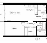 Floor plan of a 2-room apartment with a living room, kitchen, balcony, and closet.