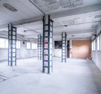 Industrial interior of warehouses and halls with concrete walls and iron beams.