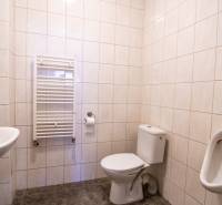 Bathroom in warehouses and halls with a toilet, urinal, and radiator on the wall.