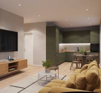 Living room in a one-bedroom apartment with a sofa, television, and kitchenette; floor with wooden decor.
