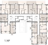 Floor plan of apartments on the first floor with layout details and terrace.