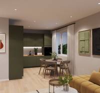 Living room with kitchen and dining area in a studio apartment with wood-patterned flooring.