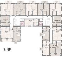 Floor plan of the 3rd floor with the layout of 1-bedroom apartments and a storage room.