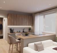 Interior of a 1-room apartment with a wooden decor floor and a kitchenette.