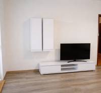 Living room in a three-room apartment with wood-patterned flooring, a television, and white furniture.