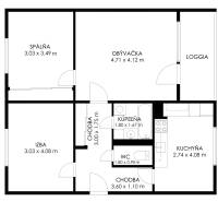Floor plan of a 3-room apartment with a living room, kitchen, bathroom, and loggia.