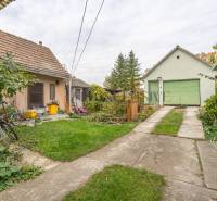 The yards of a family house in Veľké Dvorníky with greenery and farm buildings.