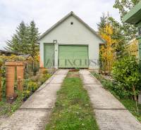The courtyard of a family house in Veľké Dvorníky with a garage and greenery.