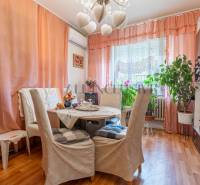 Dining room in a family house, threads on the wall, houseplants, floor with wooden decor.